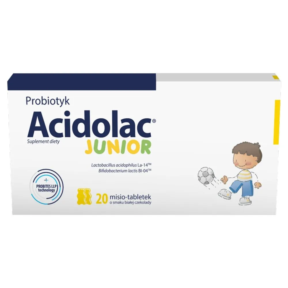 Acidolac Junior, Probiotyk dla dzieci, Misio-tabletki o smaku białej czekolady