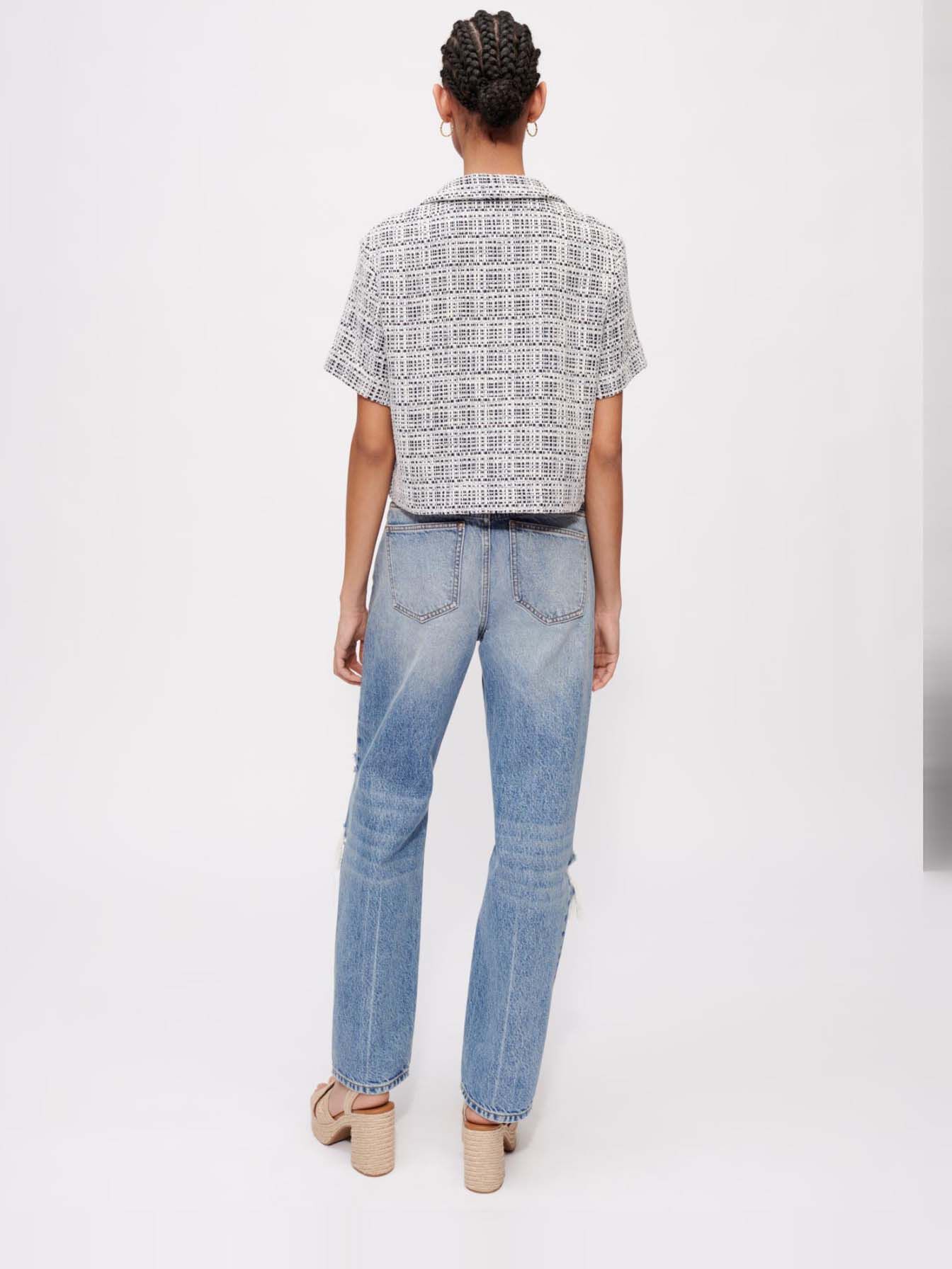 Jachetă cu mânecă scurtă în stil tweed - Albastră