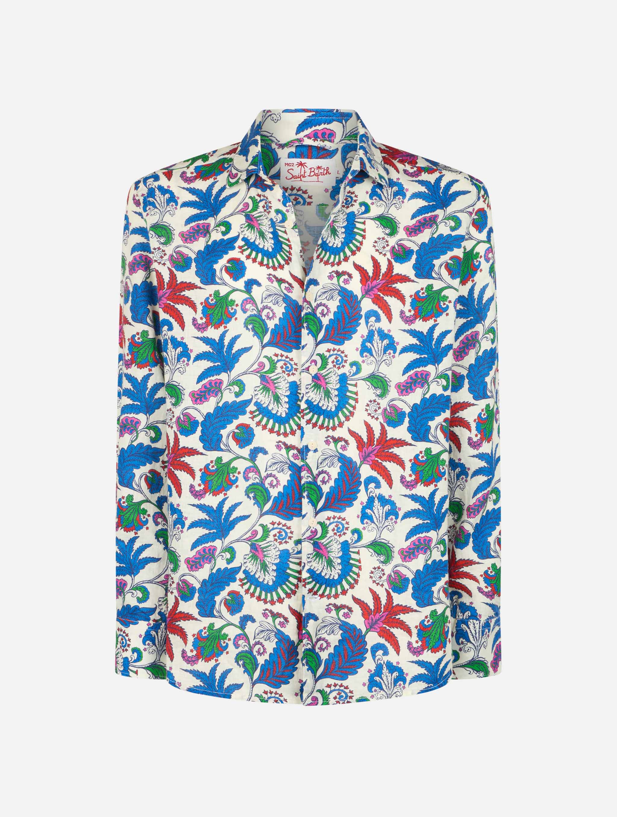 Marineblauwe linnen herenoverhemd van Pamplona met bloemenprint