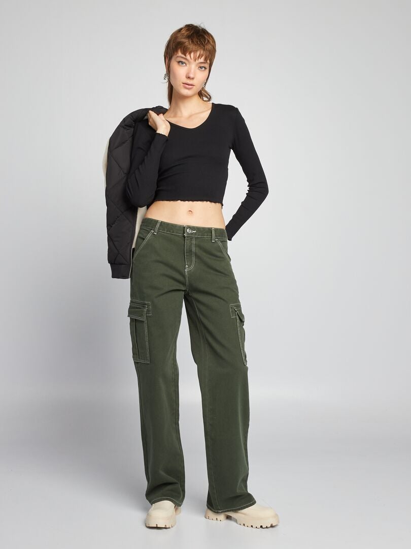 Geribbeld cropped T-shirt - zwart