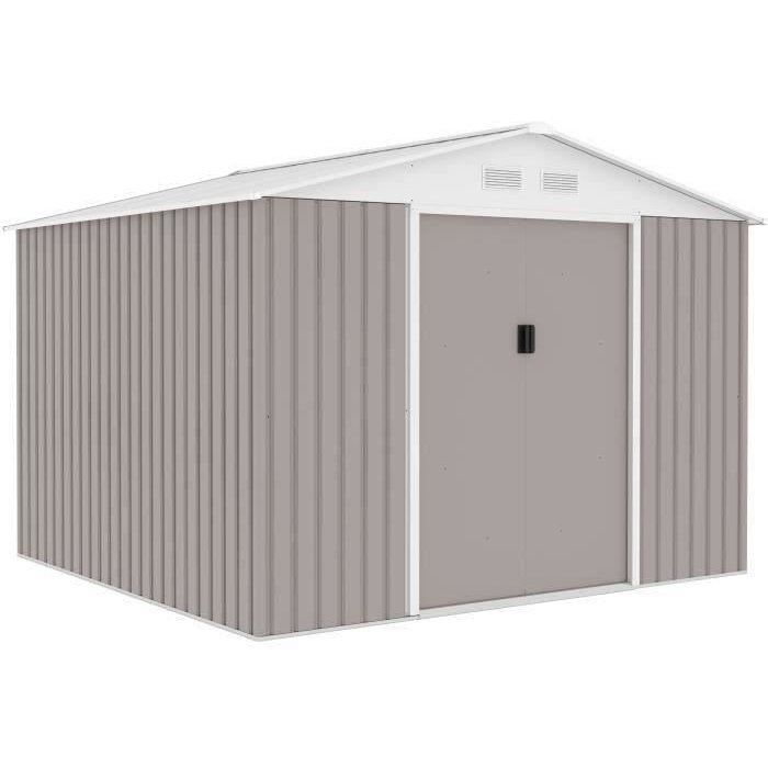 7,06 m² Metalen tuinschuur - 277 x 255 x 202 cm - MERCURE - Inclusief verankeringsset, 2 schuifdeuren - Taupe