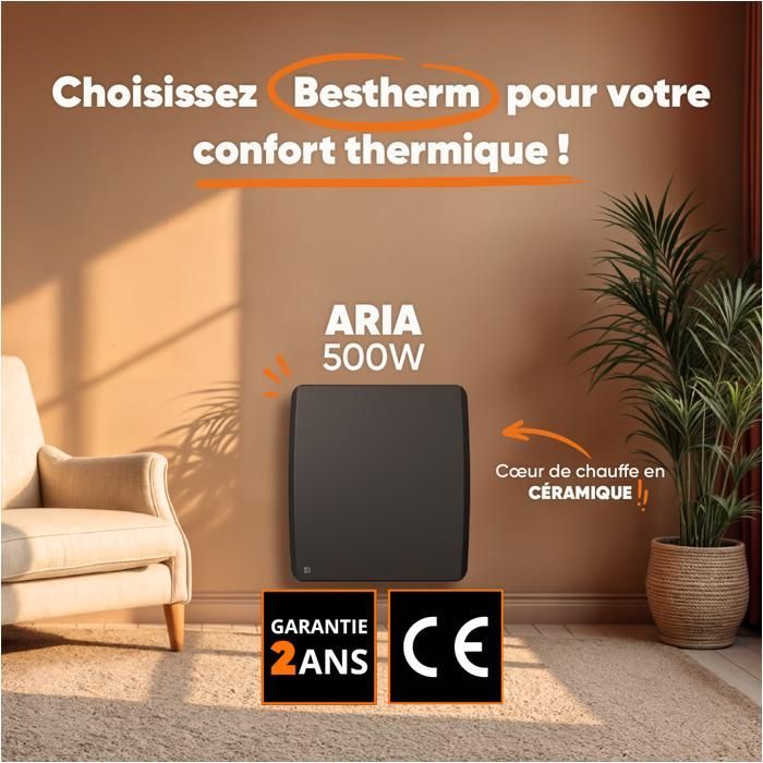 Fixed ceramic dry inertia electric radiator - BESTHERM - ARIA 500W - horizontal black