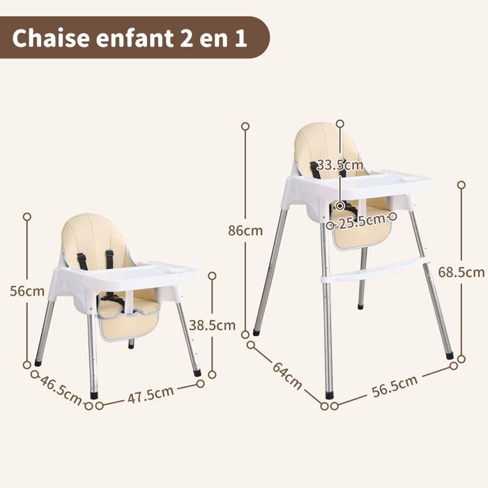 Chaise haute bébé 2-en-1, Coussin amovible, Repose-pieds et Tablette réglables, Chaise enfant 6 mois - 3 ans