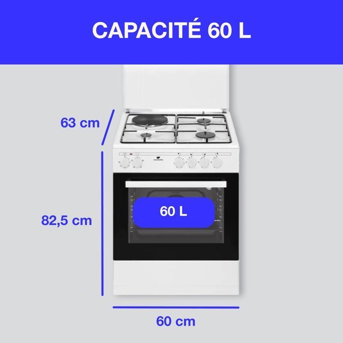 Cucina mista CONTINENTAL EDISON CECM60FCW - 3 bruciatori a gas + 1 bruciatore elettrico - L59,8 x P61 x H83 cm - Bianca
