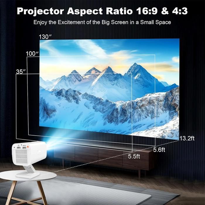 Isinbox Mini 4K draagbare projector met wifi en Bluetooth, 130 inch scherm, intelligente thuisbioscoop voor telefoon, pc, HDMI, USB - wit