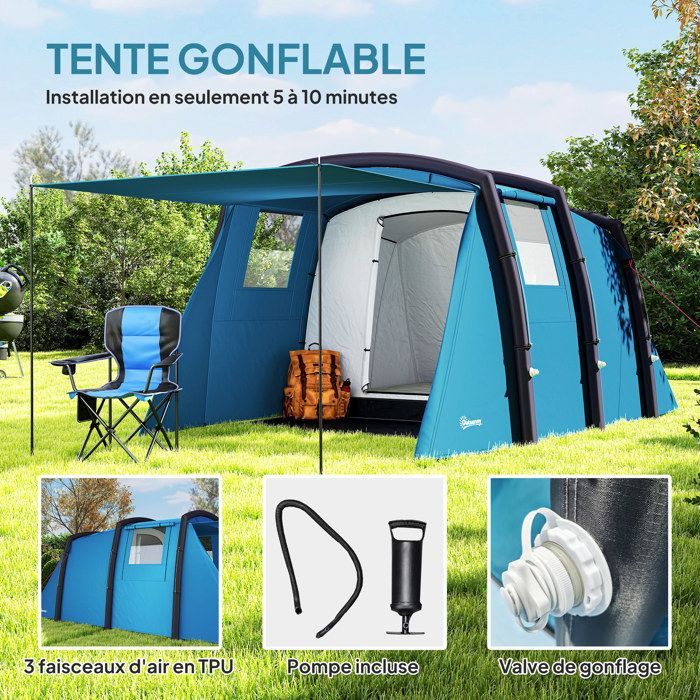 Inflatable Camping Tent - Outsunny - Tunnel - 3-6 Person - Bedroom, Living Room, Porch - 420 x 200 x 150 cm - Blue