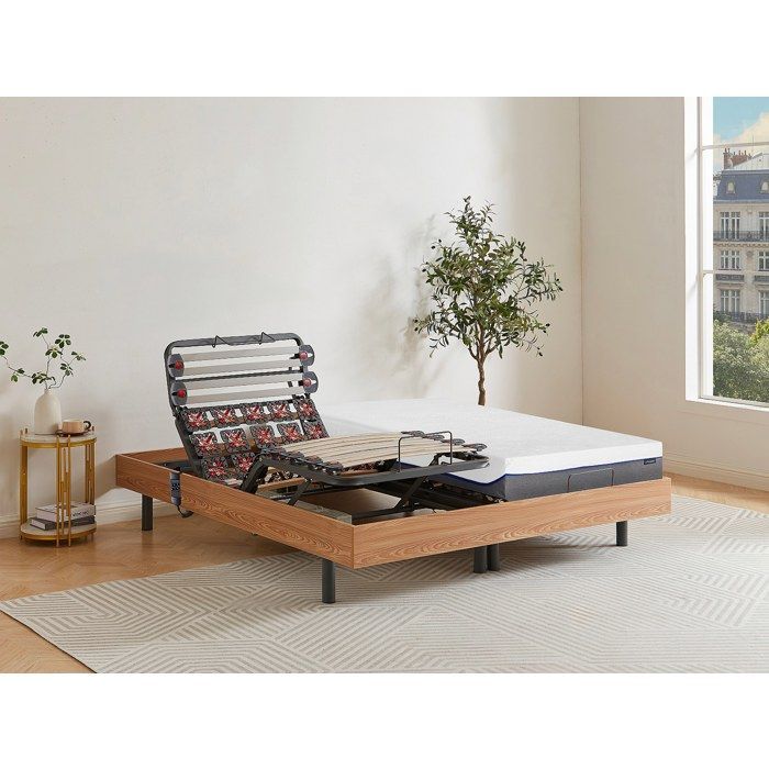 Cama elétrica de relaxamento com ripas e molas + colchão de espuma viscoelástica - 2 x 90 x 200 cm - Carvalho - DIONYSOS by YSMÉE