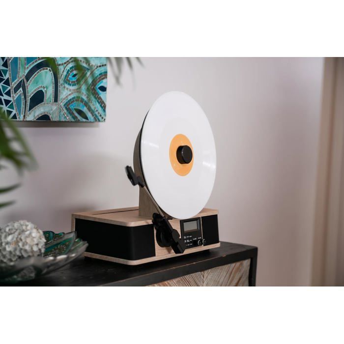 Vertikaler Bluetooth-Plattenspieler, Unterstützung für Albumcover, integrierte Lautsprecher, UKW-Radio, Design im Stil der Mitte des 20. Jahrhunderts