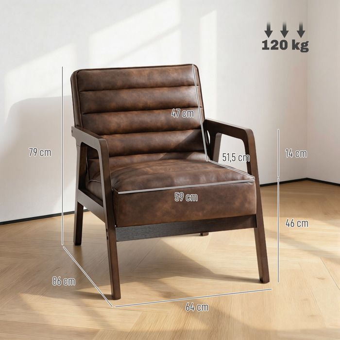 Sillón - HOMCOM - asiento ancho, cojín grueso y estructura de madera maciza - para salón, dormitorio, rincones de lectura - PU - marrón