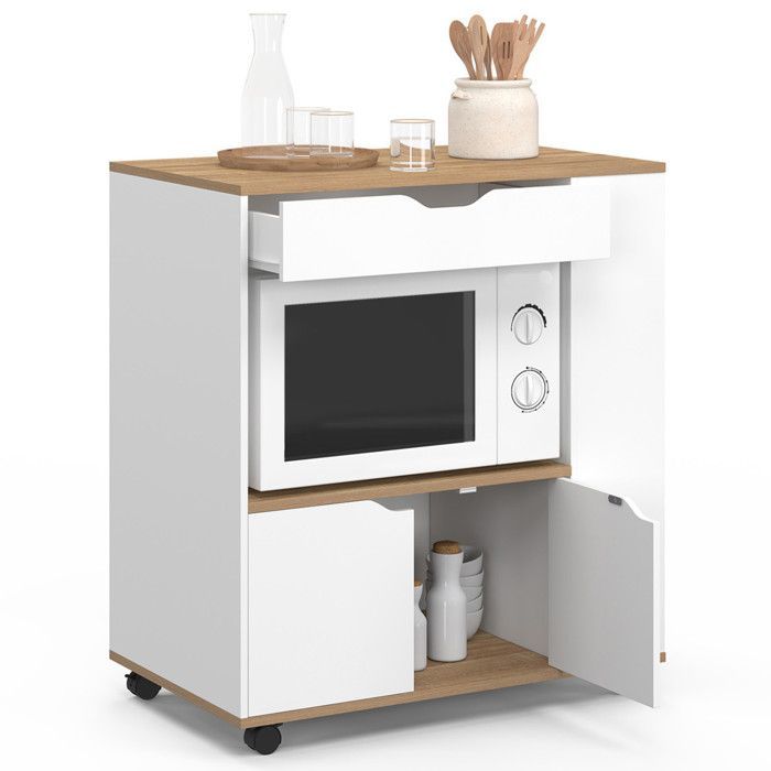 IDMARKET Desserte micro-onde de cuisine COSI placard avec tiroir et étagères à épices bois blanc et plateaux façon hêtre L.76 cm