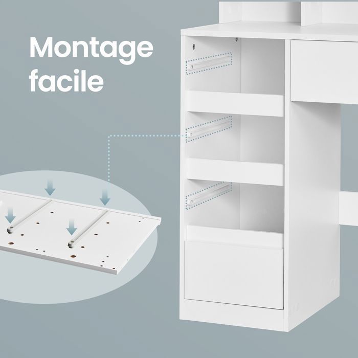 Coiffeuse avec 9 Tiroirs, Miroir Triple Pliable, Éclairage LED 3 Couleurs, Chambre, Multiprise Intégrée, Blanc