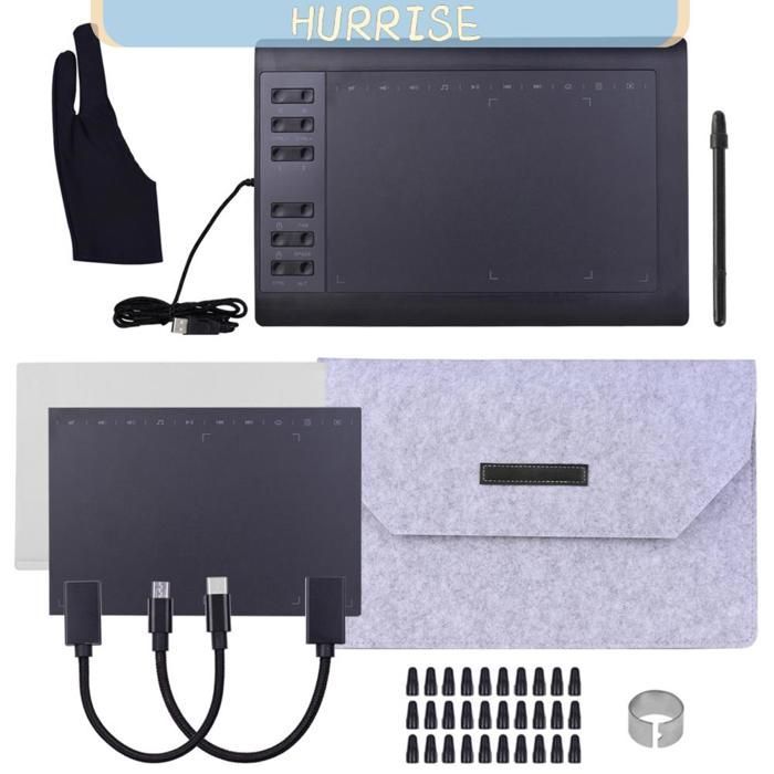 HURRISE Tablette de dessin graphiques Tablette de dessin graphique professionnel de 10 x 6 pouces 12 materiel Forfait Noir 4