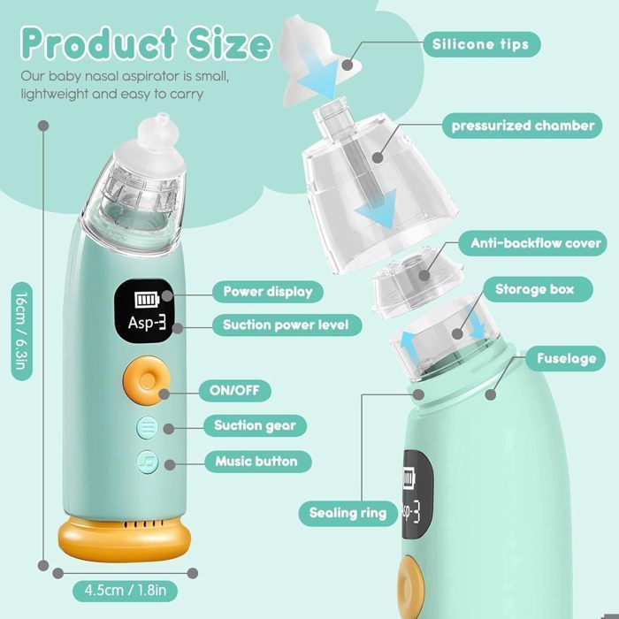 Aspirador nasal eléctrico, aspirador nasal para bebés, limpiador nasal automático, 3 velocidades, antirreflujo, con música y luz.