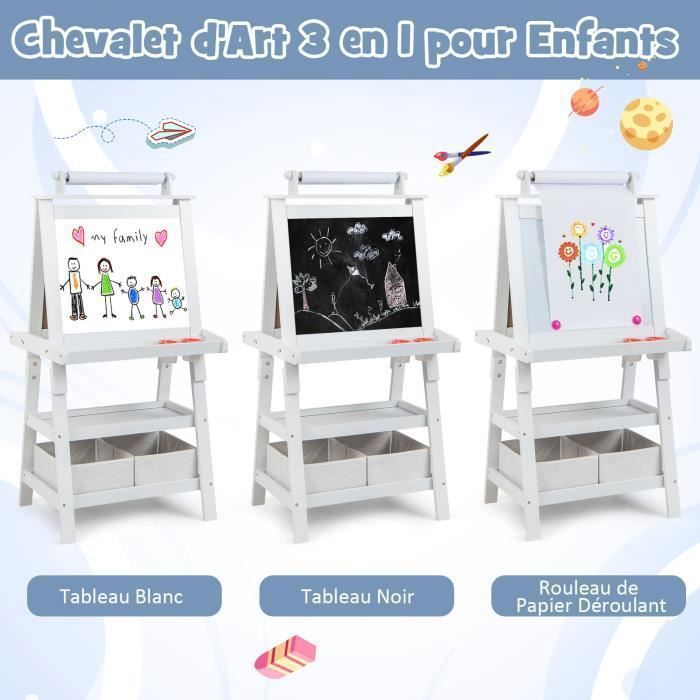 Cavalletto per bambini COSTWAY - Magnetico bianco e nero, rotolo di carta (carta inclusa), 3 ripiani e 2 contenitori portaoggetti, bianco
