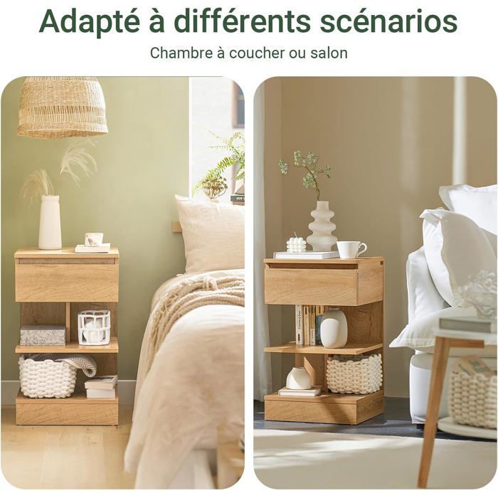 Set of bedside tables - SOBUY - 1 drawer - 2 shelves - 39x39x65 cm - Light wood - Max load 35 kg - Easy assembly