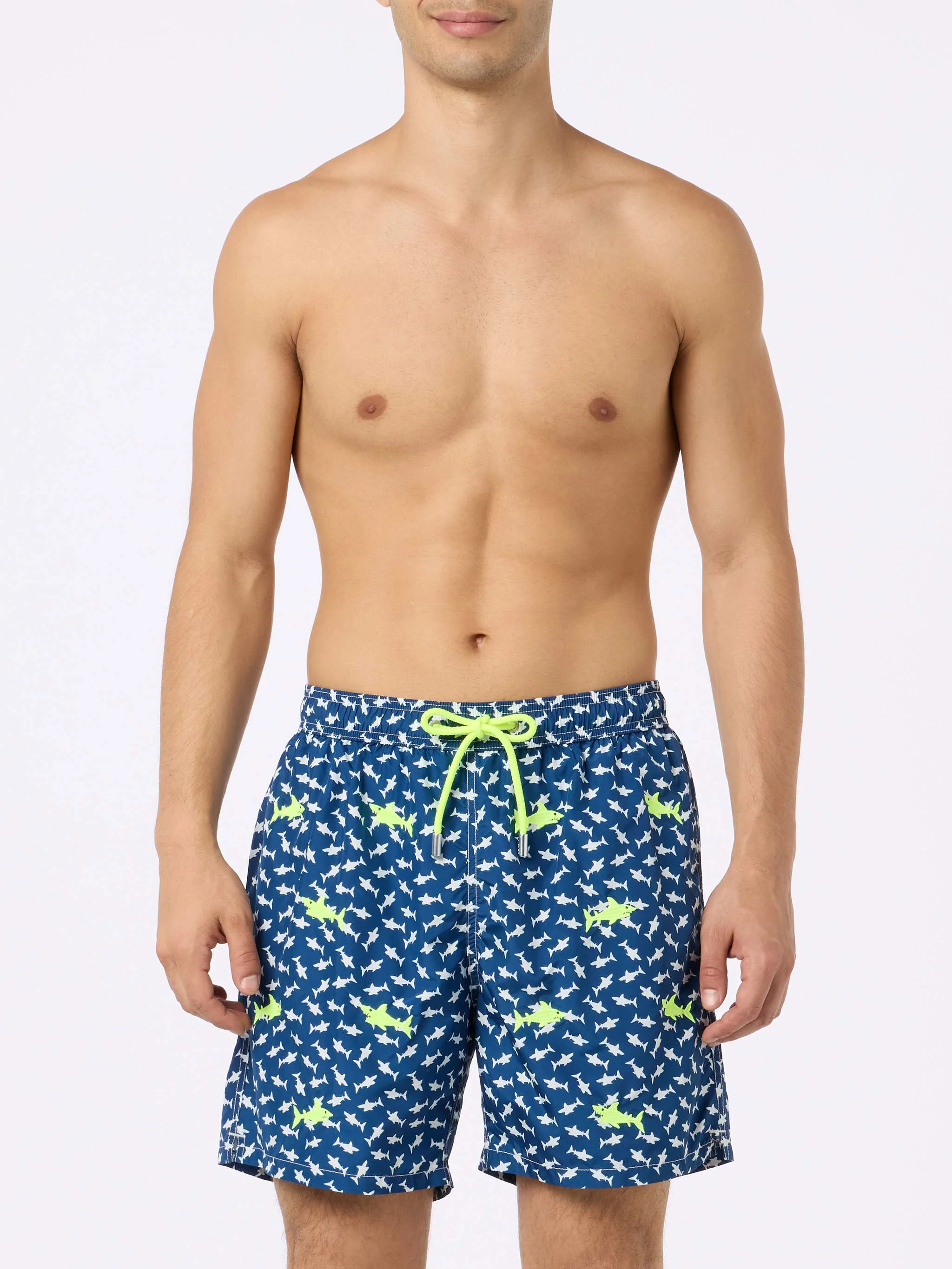 Men's Lighting Embroidery Swim Shorts | Fluo Yellow Sharks on Navy | Quick-Drying & Sustainable | Saint Barth