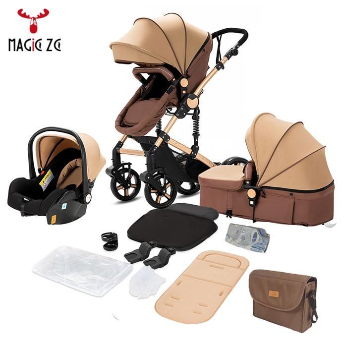 Poussette Magic ZC Poussette 3 en 1 Pousette Pousette trio 3 en 1 Paysage élevé Grand panier 0-3ans Max 15kg Sac à main Kaki