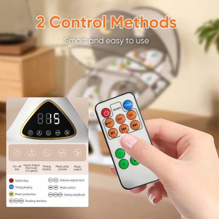 Babyschommel en wipstoel, 3-in-1 elektrische schommel met afstandsbediening, eettafel, 5 schommelstanden, timer en Bluetooth.