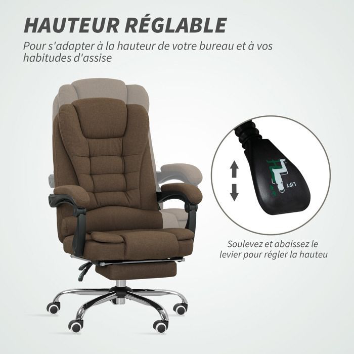 Office chair - Vinsetto - adjustable height, reclining backrest and footrest - linen-look fabric - 65x70x118cm - brown