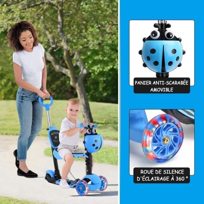 Yoleo 5-in-1 LED-step voor kinderen met 3 wielen, in hoogte verstelbare step, stuur achterop, blauw