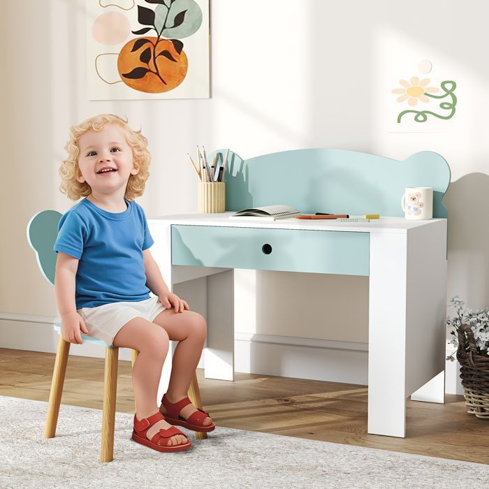 Kinderschreibtisch- und Stuhlset – AIYAPLAY – Alter 3 bis 8 Jahre – Schublade und große Tischplatte – MDF – 80 x 41 x 74,5 cm – Grün