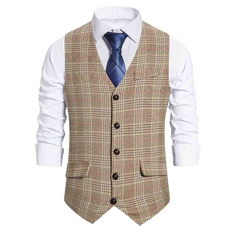 Gilet da Completo Uomo a Quadri, Monopetto in Tessuto Misto, Slim Fit, Casual ed Elegante, Gilet Business
