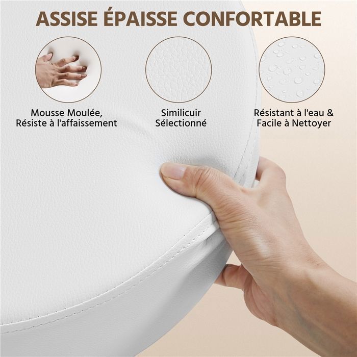 Yaheetech Tabouret Rond à Roulettes Hauteur Réglable 46-61,5 cm avec Assise Rembourrée Revêtement en Similicuir Blanc