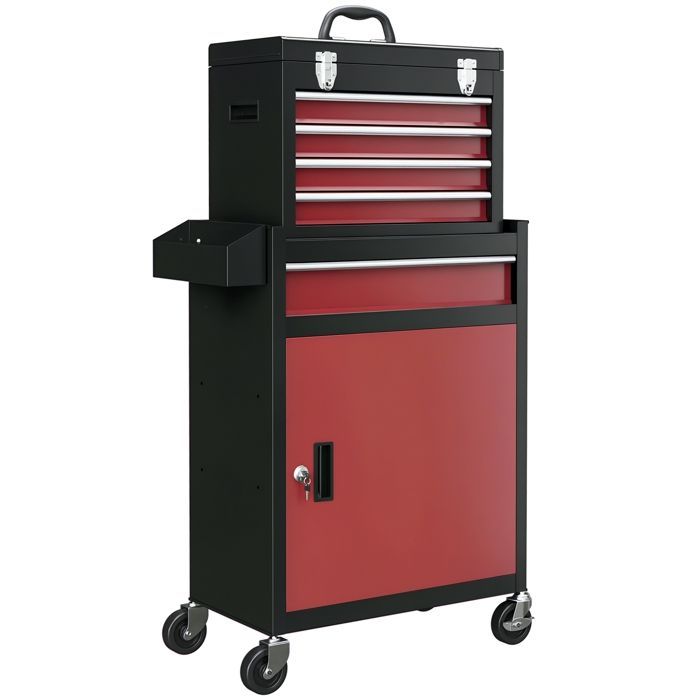 Chariot d'atelier HOMCOM Servante d'Atelier sur roulettes Chariot avec Caisse à Outils Amovible, 5 tiroirs et armoire verrouillable