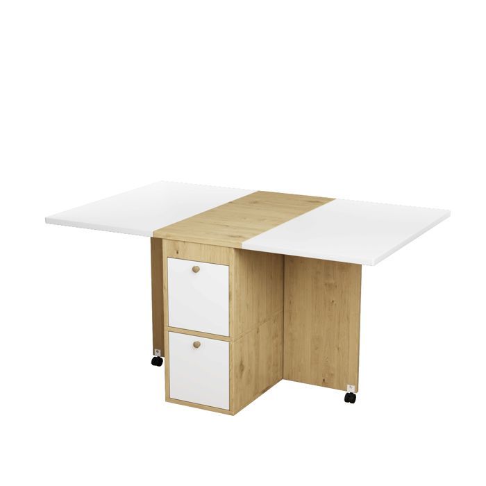 Set Table à Manger + 4 Chaises – Blanc + Chêne – Table Extensible/Pliable 120x80 cm – Design Moderne – Multifonction