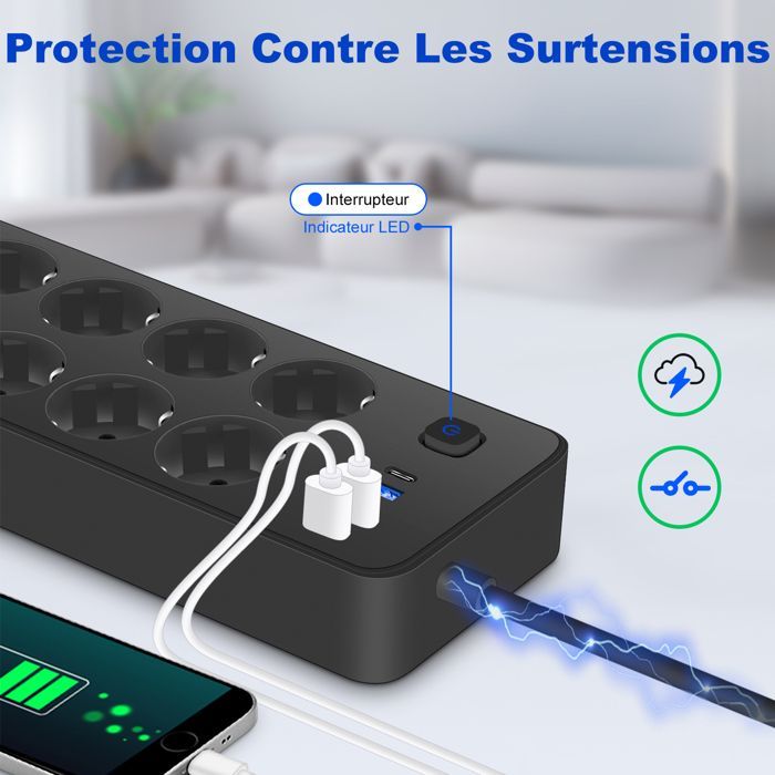 Regleta con interruptor - UPLAYTECK - 12 tomas de corriente - 8 tomas europeas - 3 puertos USB-A - 1 puerto USB-C