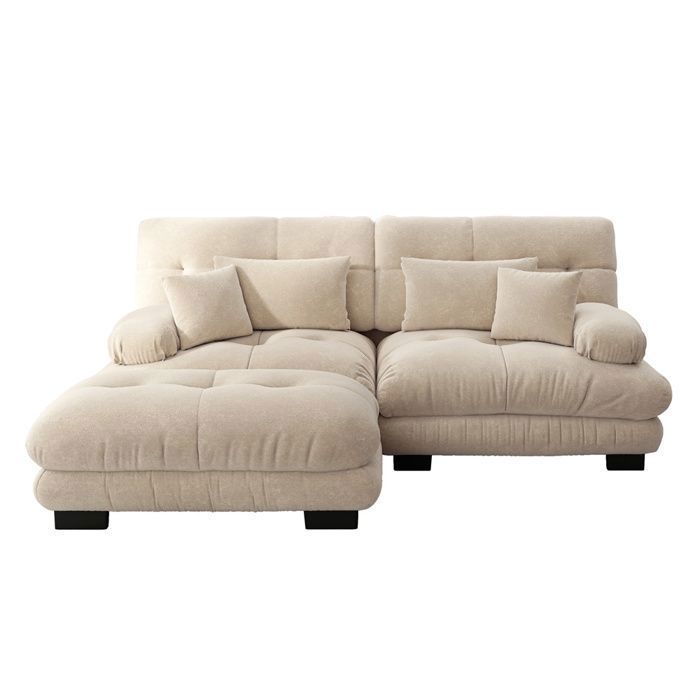 DRIPEX Canapé d'angle deux places en chenille avec 2 coussins confortable,canapé rembourré avec pouf, marron clair