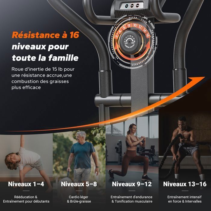 Vélo elliptique magnétique MERACH, 16 niveaux, foulée 42 cm, 150 kg max, écran LCD, capteur cardio, support tablette & gourde