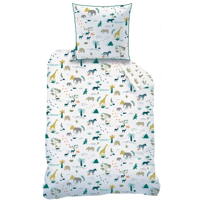 Parure de lit enfant 100% coton - MATT & ROSE - SAFARI - Blanc/kaki - 140x200+63x63cm