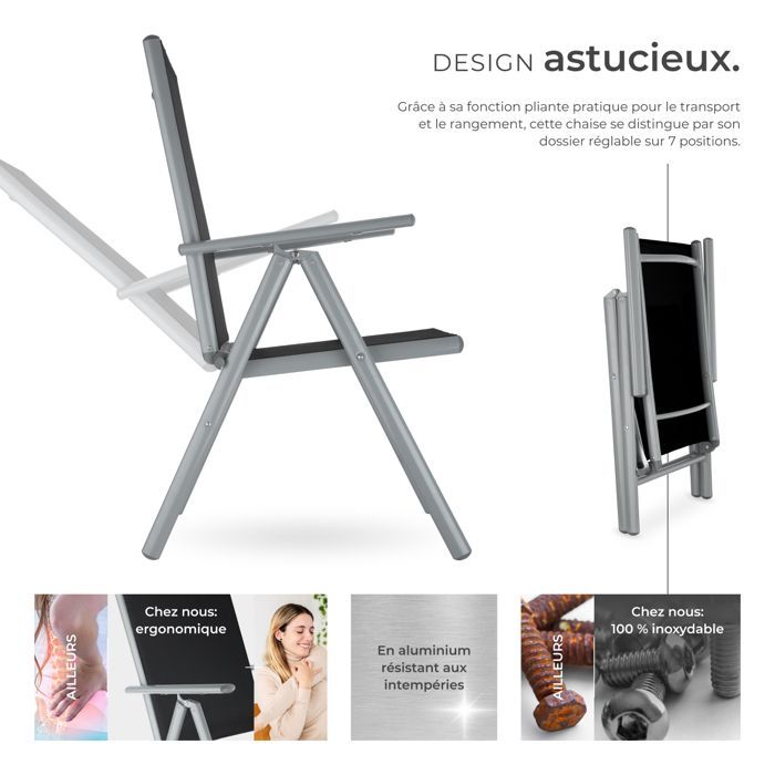 Fauteuils de jardin - TECTAKE - Lot de 6 chaises de jardin pliantes MARILENA Pliable Dossier réglable en 7 positions - Noir/Gris