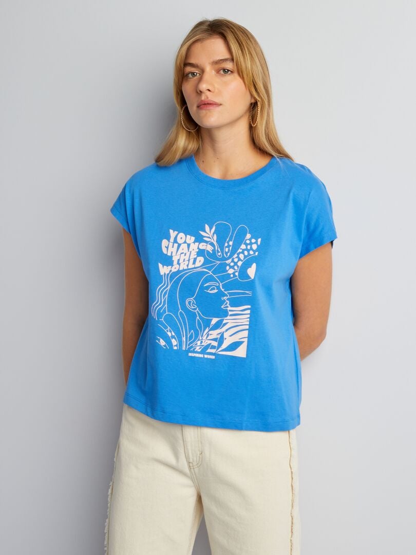 Bedrukt katoenen T-shirt - BLAUW