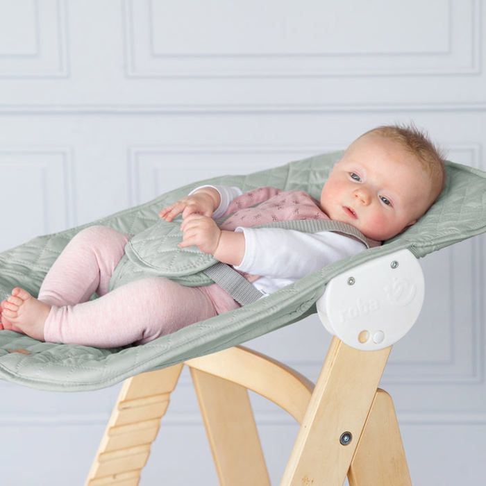 2-in-1 Convertible High Chair - ROBA - BORN UP - Includes Frosted Green 'Roba Style' Reclining Bouncer - Natural Wood