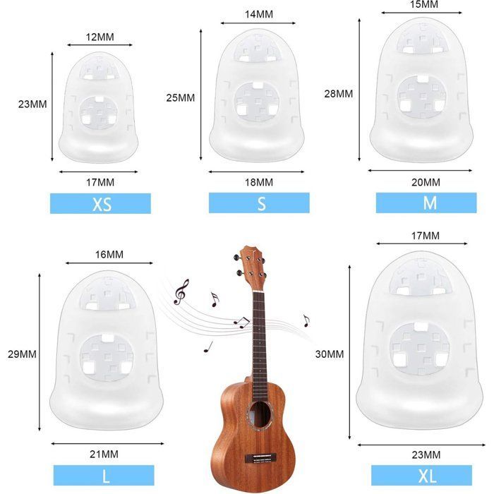Protectores de dedos para guitarra - 40 protectores de silicona para guitarra, ukelele, bajo, costura y bordado (5 tamaños)
