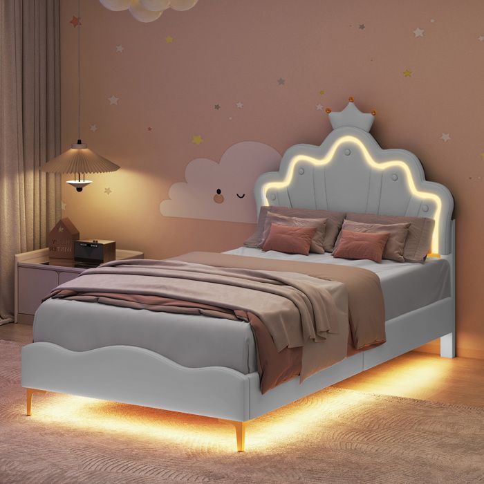 Cama de solteiro, Cama infantil estofada 90x200cm, estrutura de cama com LED e estrado de ripas, Cama de princesa herdeira, Branca, PU