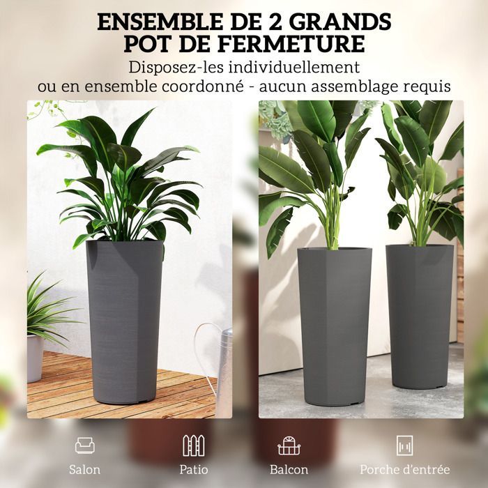 Lot de 2 pots de plantes - Outsunny - empilables - bac intérieur et trous de drainage - plastique - Ø35 x 60cm - gris