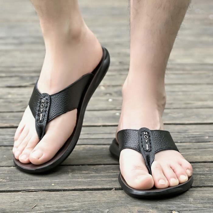 Tongs Homme,38-44EU Tong Homme en Cuir de Plage Piscine,Tongs Homme été Antidérapante de Douche Piscine Plage-Noir