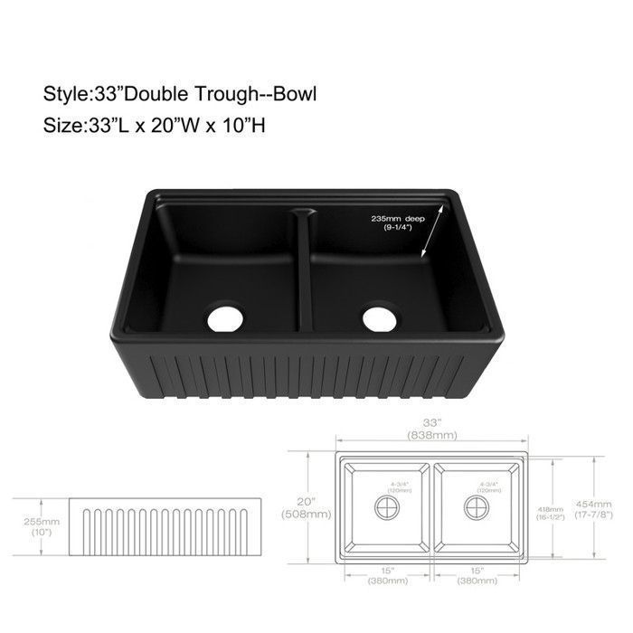 Fregadero de cocina de cerámica negra estilo rústico MEJE de 83,8 x 50,8 cm con borde escalonado - fregadero estampado - doble cubeta con faldón frontal