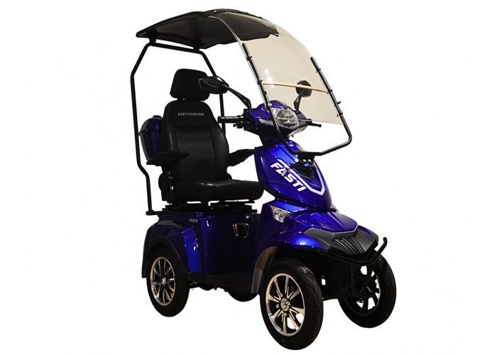 Scooter elettrico Electroride FASTI 4 MAX da 1000 watt a 4 ruote per persone con mobilità ridotta, omologato per la circolazione stradale, blu con tetto