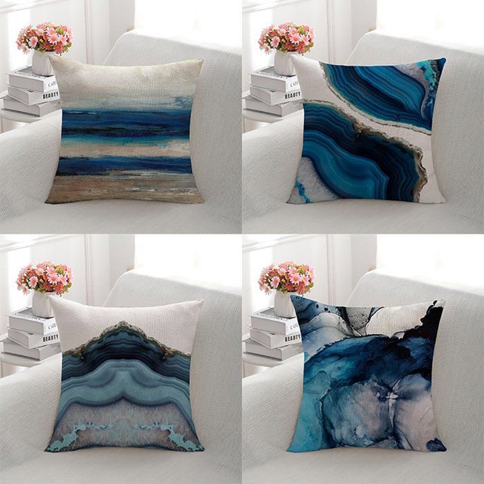 Set med 4 dekorativa örngott - 45 x 45 cm - Vintagetryck - Linne - Enkelsidigt tryck - Oceanblå