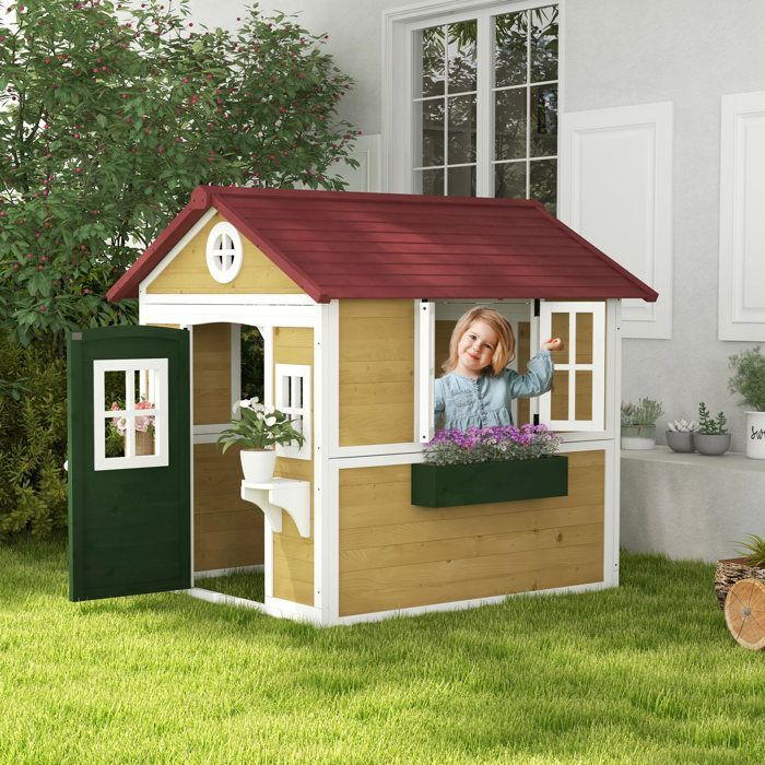 Cabane enfant extérieur maison enfant extérieure avec porte fenêtres et jardinières 114 x 126,4 x 135 cm beige