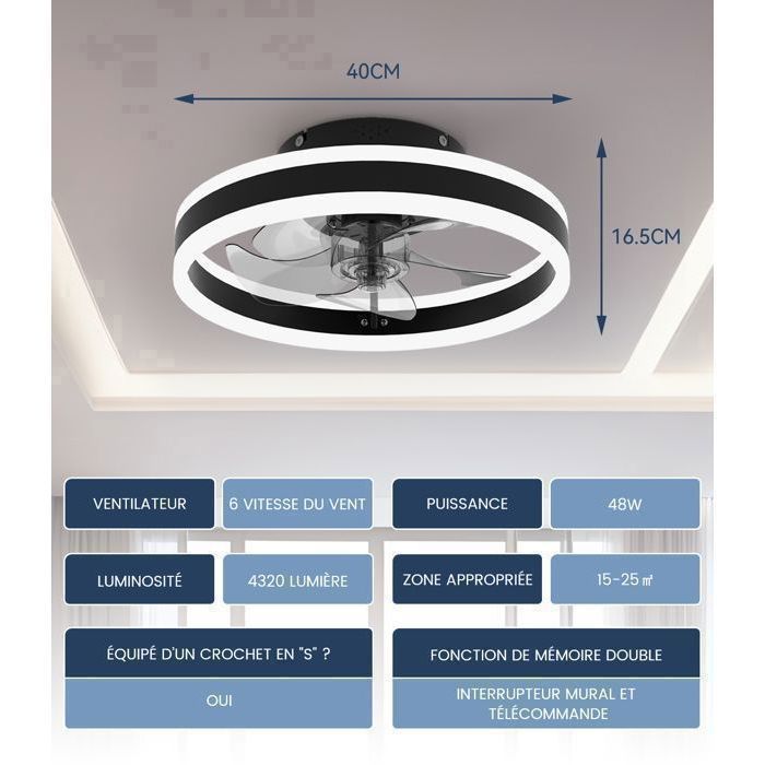 Ventilateur Plafond Silencieux avec Lumière Dimmable 6 Vitesses Fan 40cm ®WHD© +Télécommande+APP-Contrôle Plafonnier LED+Mode Hiver