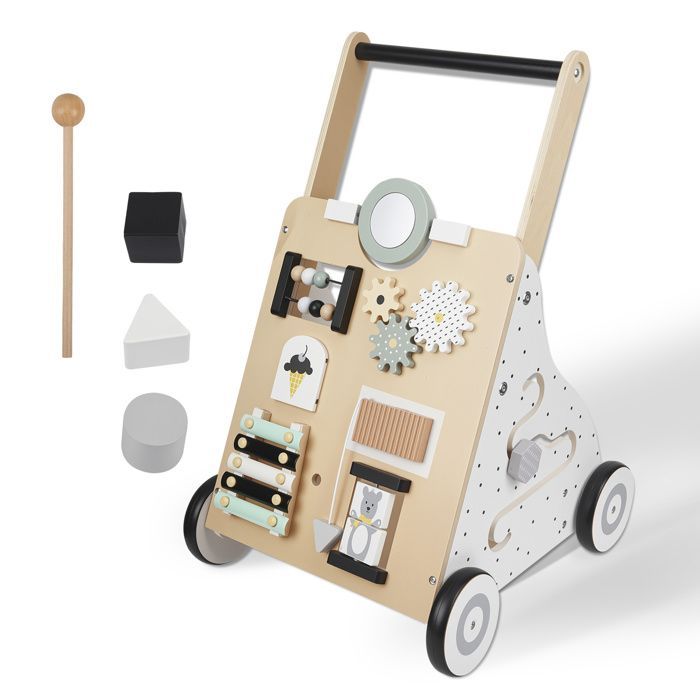 Girello in legno Montessori con centro attività e ruote gommate, ausilio stabile per bambini piccoli, giocattolo in legno