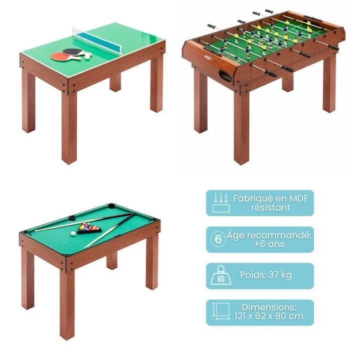 Tavolo da gioco multifunzione 3 in 1 - DEVESSPORT - Biliardo, calcio balilla e ping-pong - Verde - 37 kg