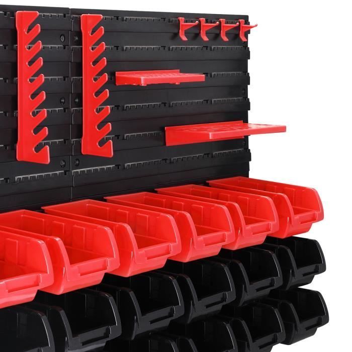 Deuba Wandregal mit Aufbewahrungsboxen, Werkstattregal, Werkzeugschrank, 43 Boxen, Schwarz und Rot, 10,5 cm x 7,5 cm x 16,5 cm