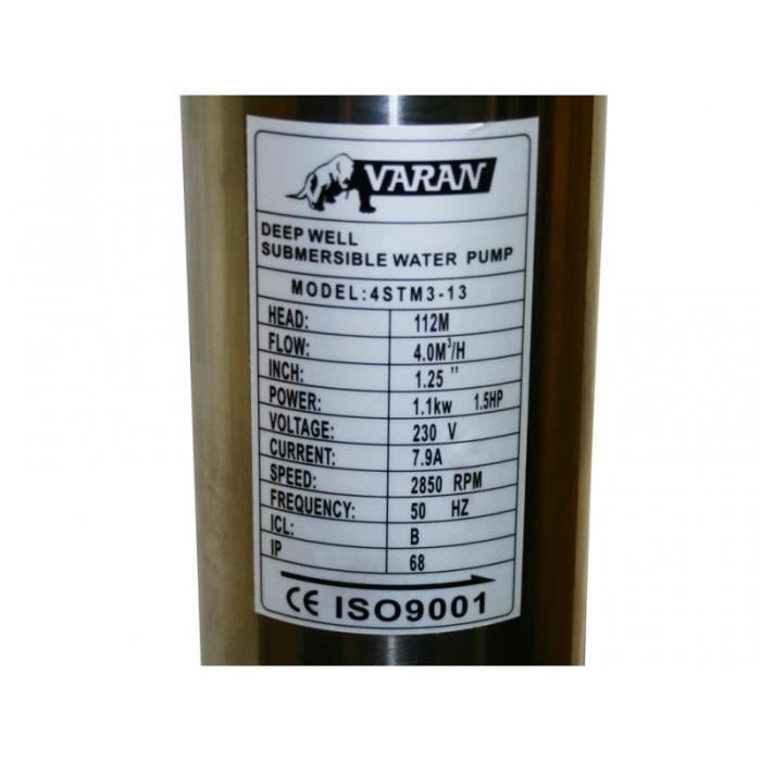 Pompe à eau immergée puits forage - VARAN - 4STM3-13 - 4000l/h - 112m