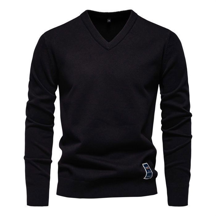 Suéter para hombre, suéter de algodón de punto fino con cuello en V para hombre, suéter de manga larga con cuello en V para hombre, corte clásico - Negro